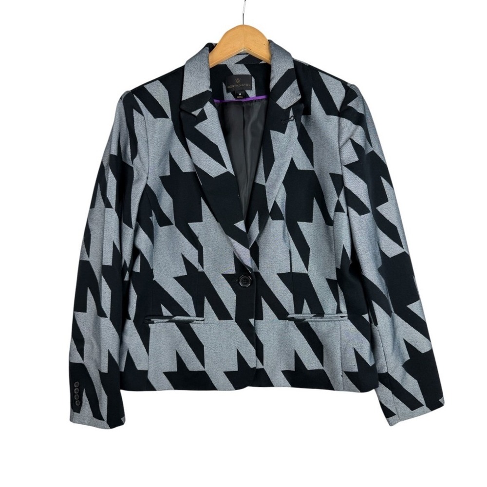 Worthington Houndstooth Blazer Jacket Womens Size 14 Black Gray Single Button